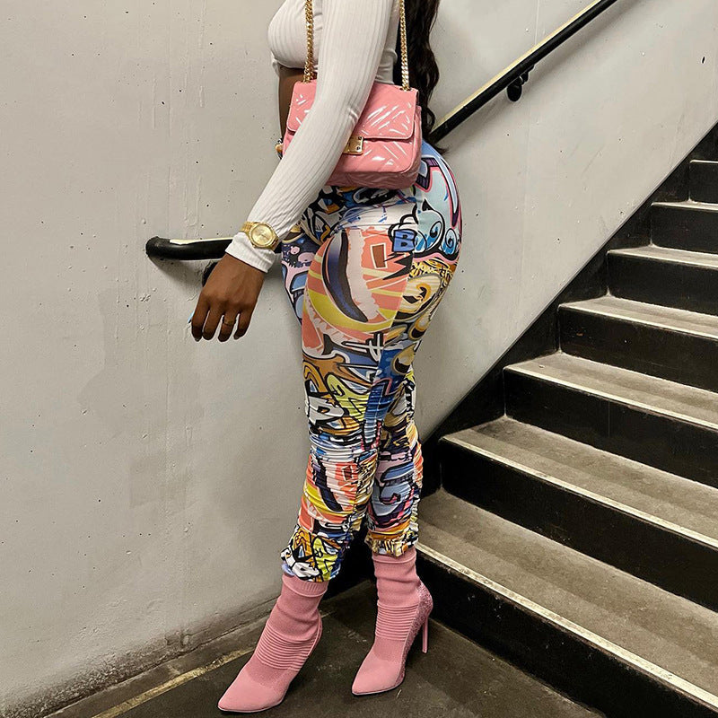 jinran Summer Women Casual Y2K Clothes Tie Dye Print Ruched Side Slit High Waist Pants Graphic Aesthetic Hip Pop Drop Shipping