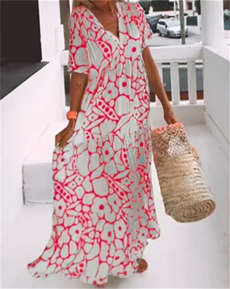 jinran Women's Bohemian Style Dresses Summer Deep V Neck Short Sleeve Dressy Ladies Comfortable Casual Large Hem Gown Trend Streetwear