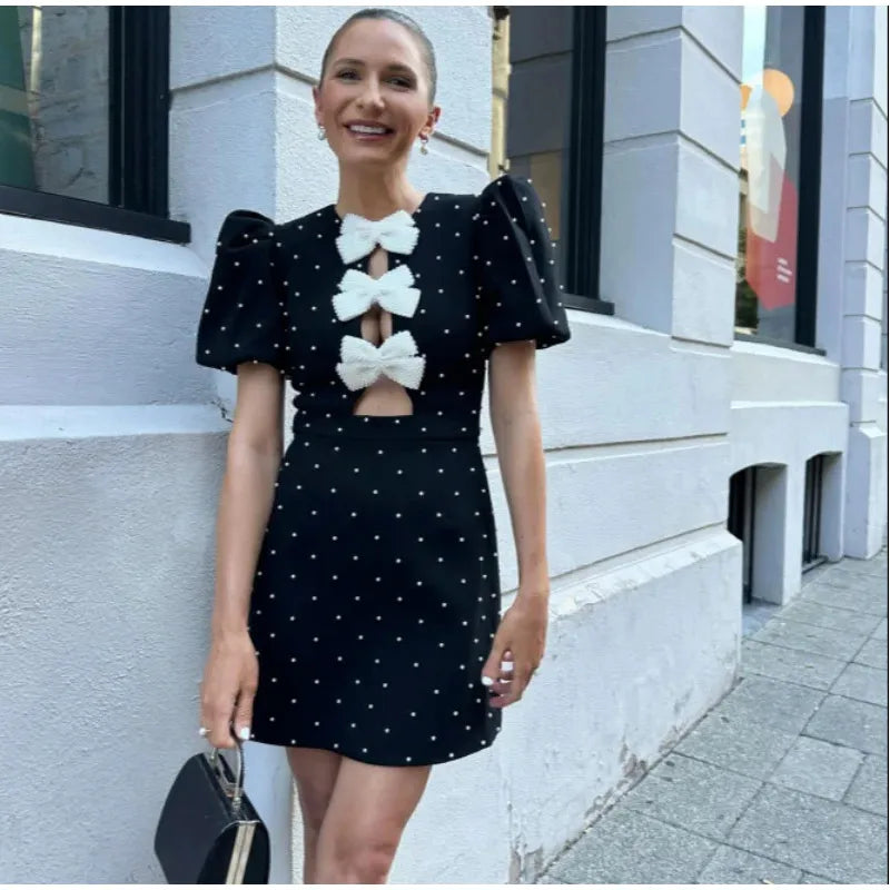 jinran Bow Hollow Out Red Black Mini Dress Women Sexy Puff Sleeve O-neck Party Dresses 2024 Summer New Elegant Shinny Robe Vestidos