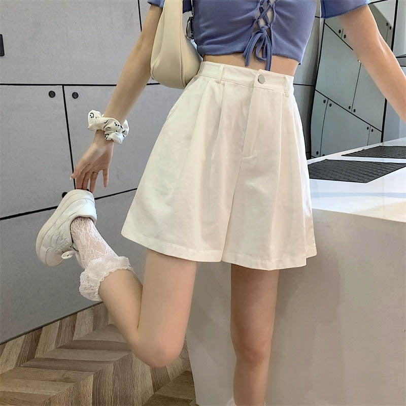 jinran Y2K Women High Waist White Shorts Korean Fashion Pleated Wide Leg Pants Summer Casual All Match Female Preppy Style Pants New