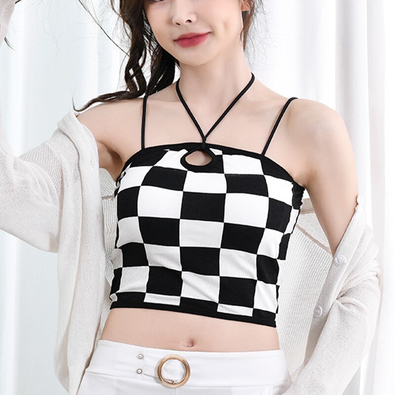 jinran Retro Checkerboard Crop Top Women Y2K Gyaru Sexy Halter Top Summer Fashion Fixed Cup Camisole Smooth Breathable Tank Top