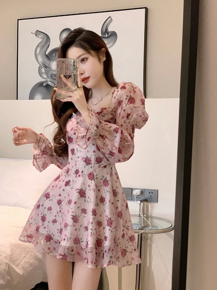 jinran Autumn Vintage Sweet Dress Women Chiffon Floral Bodycon Mini Dress Female korean Party Beach Long Sleeve Casual Dresses 2024