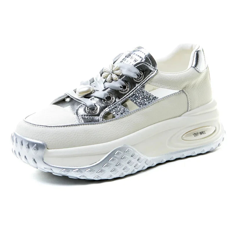 jinran leather thick soled hollowed out women's summer new versatile breathable and elevated sports and leisure shoes shoes