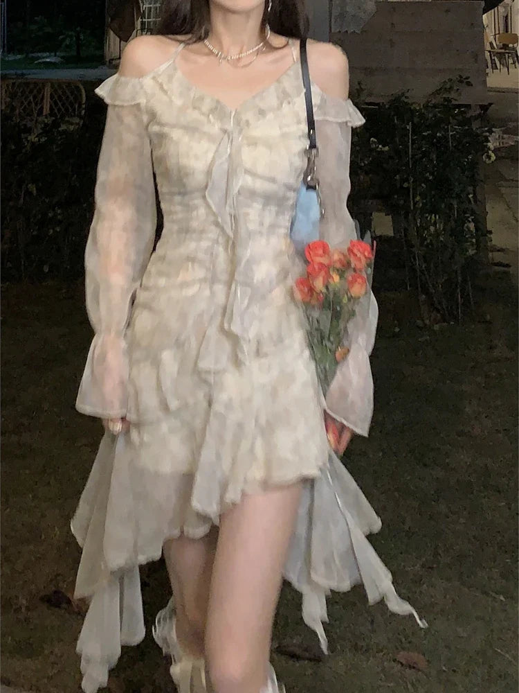 jinran Summer Long Sleeve Floral Fairy Dress Woman Beach Elegant Party Mini Dresses Casual Vintage One Piece Dress Korean Fashion