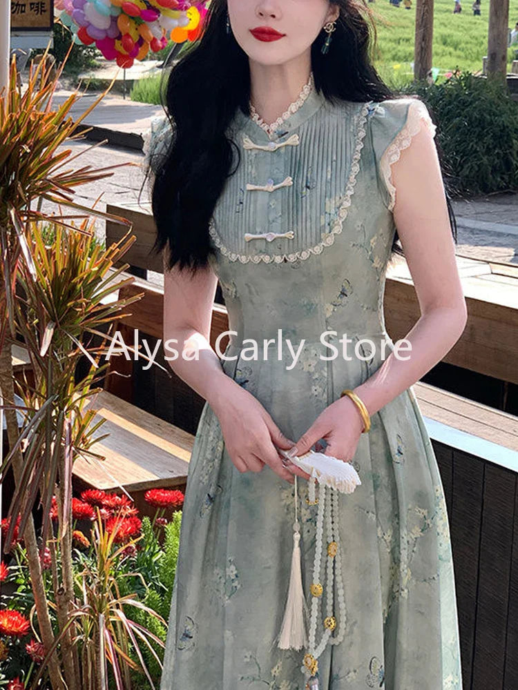 jinran Elegant Vintage Floral Slip Dress Women Ruffles Design Korean Style Long Fairy Dress Female 2024 Summer Casual Chic Party Dress