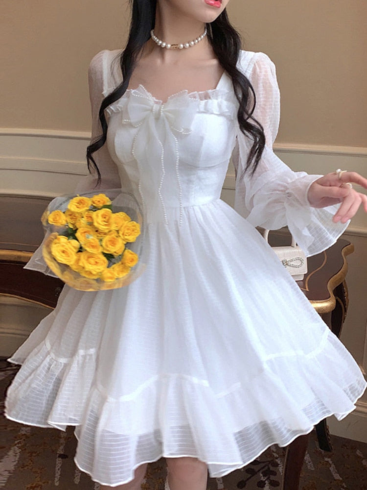 jinran White Kawaii Dress Women Chiffon Lolita Style Long Sleeve Mini Dresses Bow Fairy Robe Ruffles Patchwork Square Collar