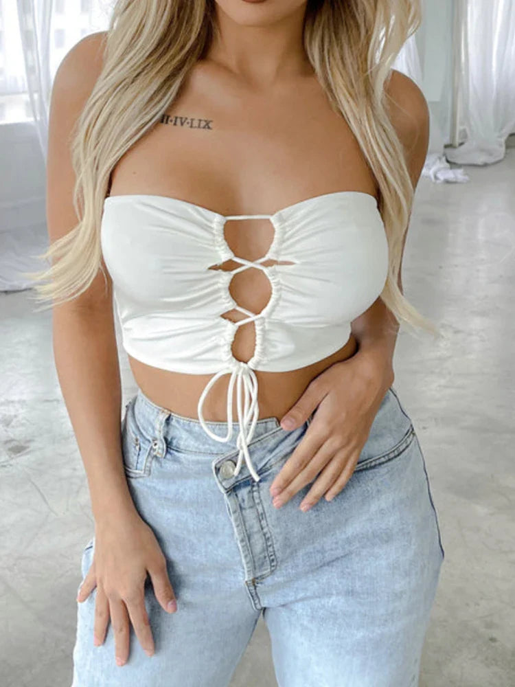 jinran Solid Lace Up Cropped Tops Women Sleeveless Slim Hollow Out Camis Sexy Club Party Bodycon Tank Top Y2K Streetwear Summer