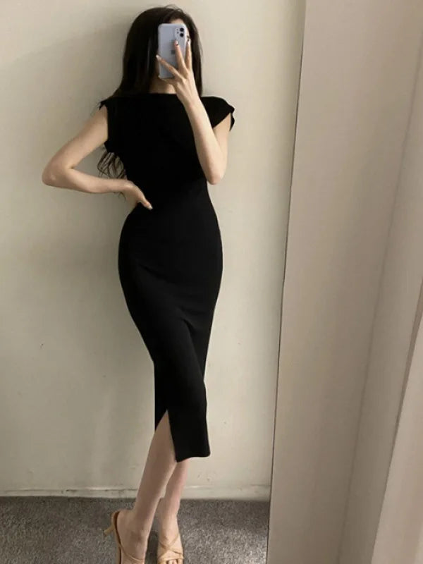jinran Summer New Short Sleeve Women Folds Casual Charm Slim Fit High Waist Split Long Christmas Dress Sexy Wrap Hip Gentle Solid W9YK