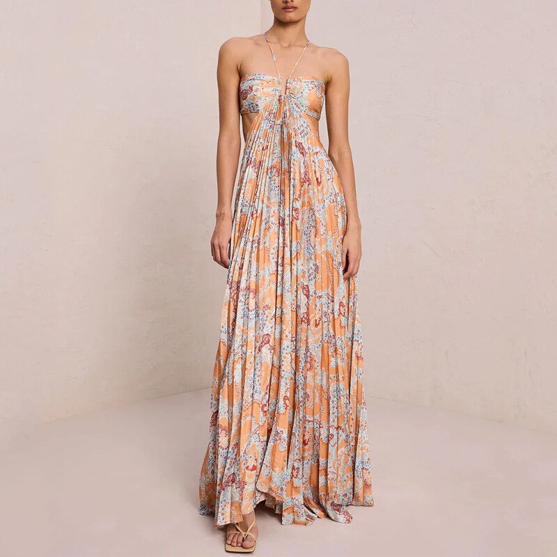 jinran summer new print sexy high-grade temperament backless pleated dress