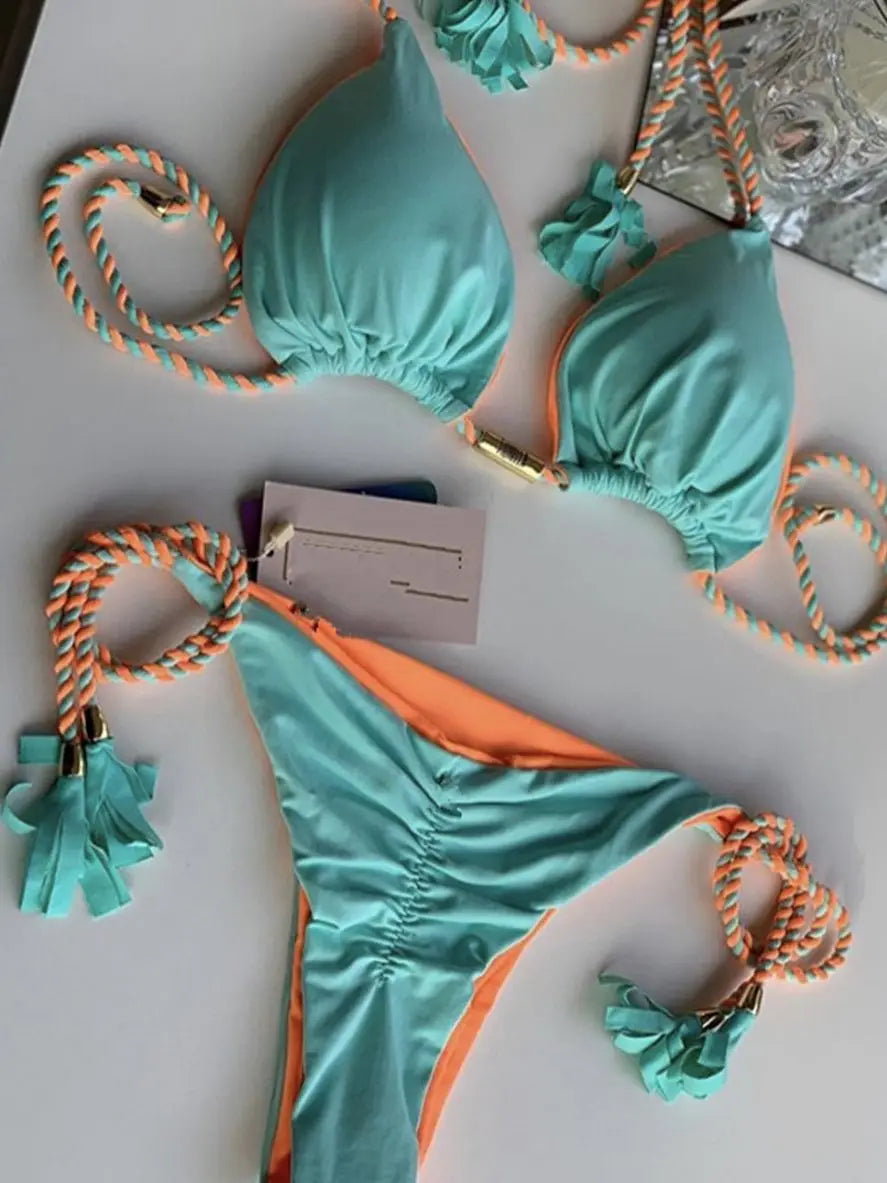 jinran Swimwear Thong Bikini Set 2024 New Blue Swimsuits Woman Sexy Bathing Suits Bikinis Triangle Bandage Female Beachwear Bikini