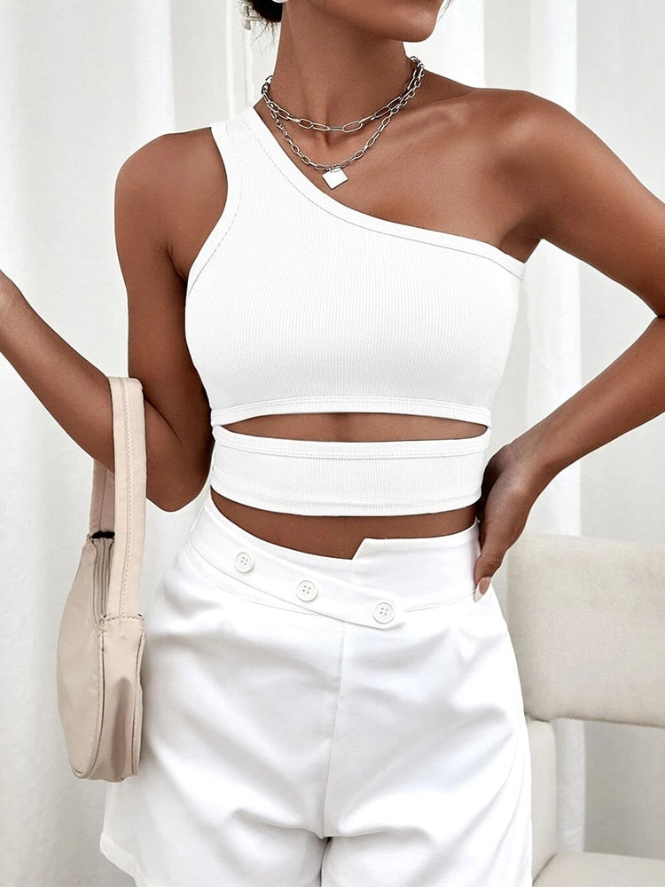 jinran Sexy Solid Cut Out One Shoulder Rib Knit Crop Top Women Summer Club High Street Style Backless Tank Top Y2K Clothes 2023
