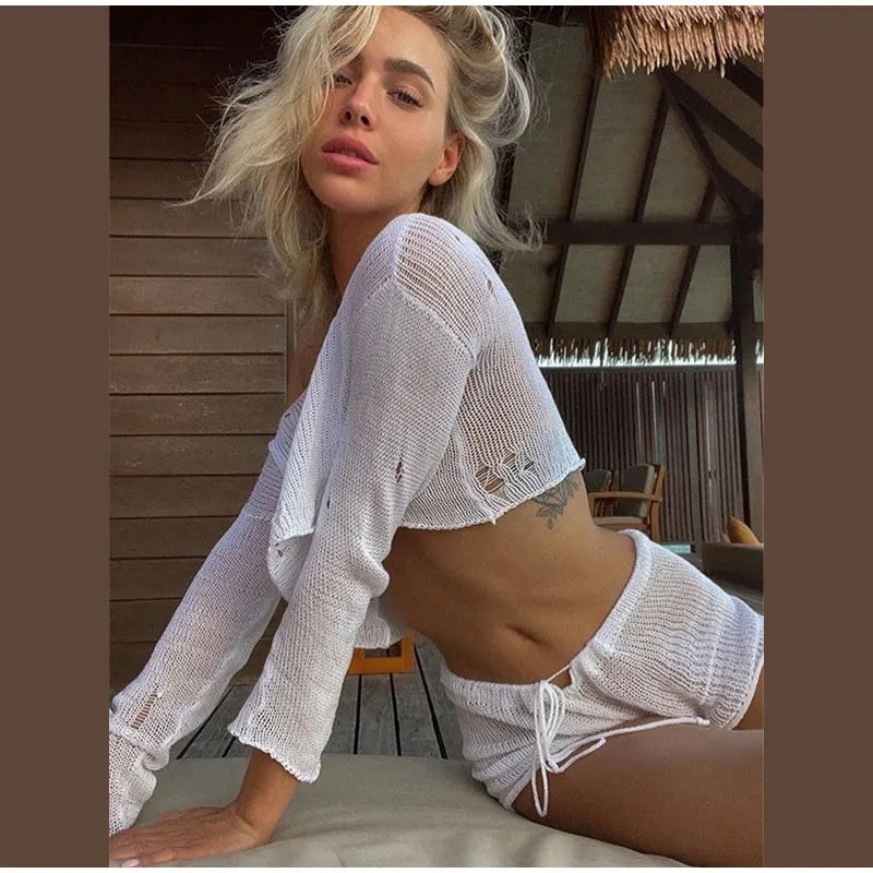 jinran Sexy Beach Crop Top Shorts Sets Women Knit Long Sleeve Lace Up Female Suit 2023 Summer Holiday See Through 2 Piece Set Womens