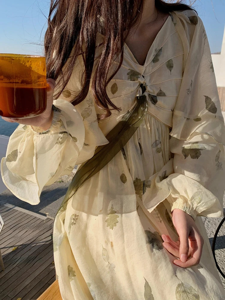 jinran French Vintage Floral Fairy Dress Women Casual Elegant Beach Style Party Dress Chiffon One Piece Dress Korean Women Summer