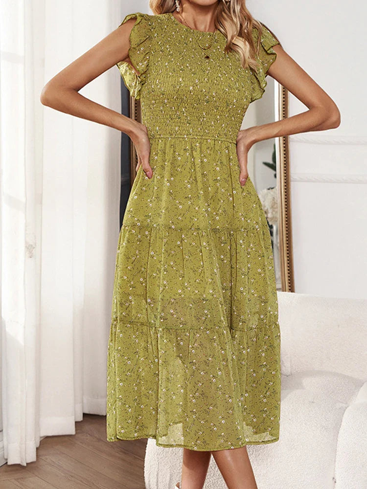 jinran Floral Long Dresses Women Summer Ruffle Sleeve Dress Female Elegant Chic Chiffon Dress Ladies Vintage Casual Pleated Vestidos