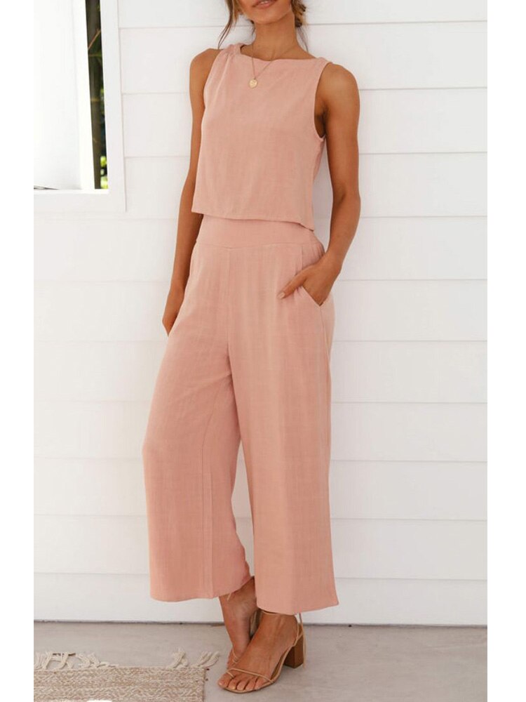 jinran Fashion 2 Pcs Outfits Sleeveless Summer Crop Top Pants Suit Solid Ankle-length Pants Casual Beach Set Back Button Pocket