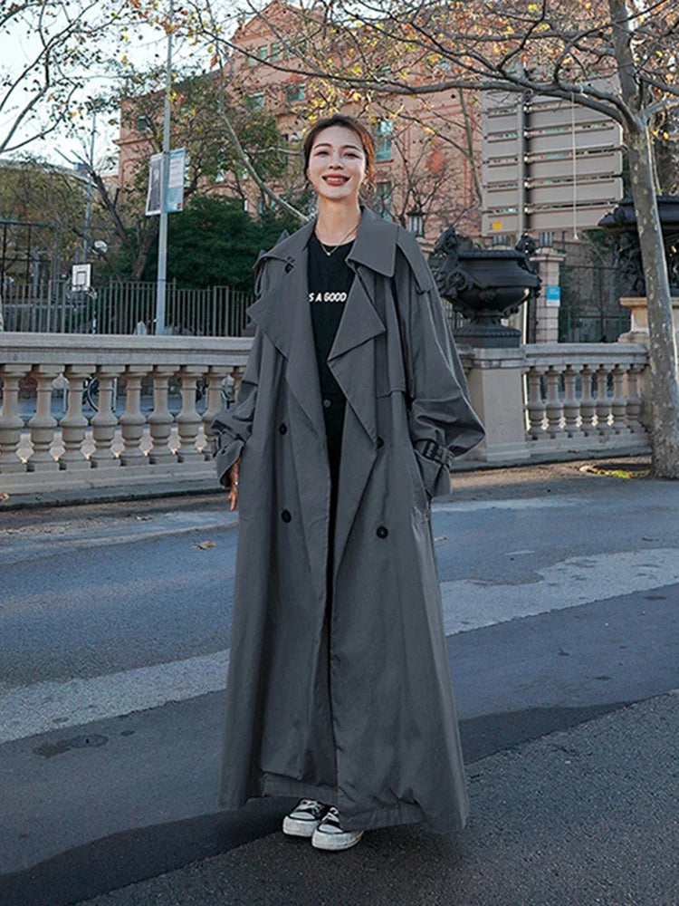 jinran Spring Autumn Extra Long Flowy Oversized Casual Trench Coat for Women Belt Double Breasted Loose Korean Fashion 2024