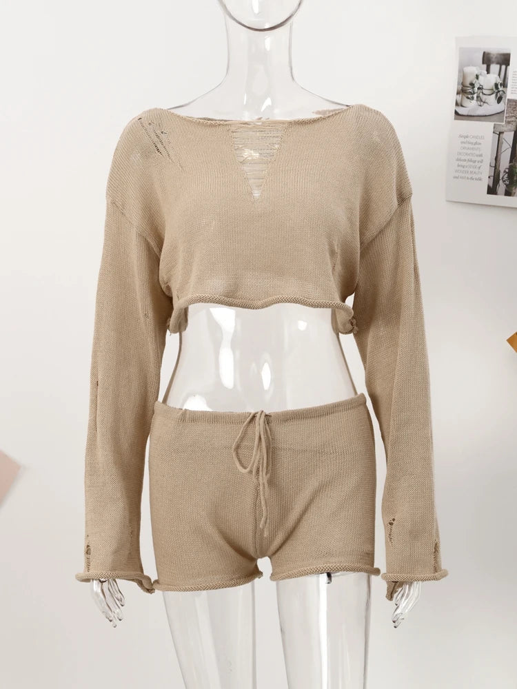 jinran Sexy Beach Crop Top Shorts Sets Women Knit Long Sleeve Lace Up Female Suit 2023 Summer Holiday See Through 2 Piece Set Womens