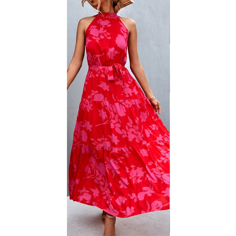 jinran Polka Dots Vintage Women Summer Halter Maxi Boho Dress Sleevless Navy Blue Floral Print Long Sash Beige A-line Beach Casual Robe