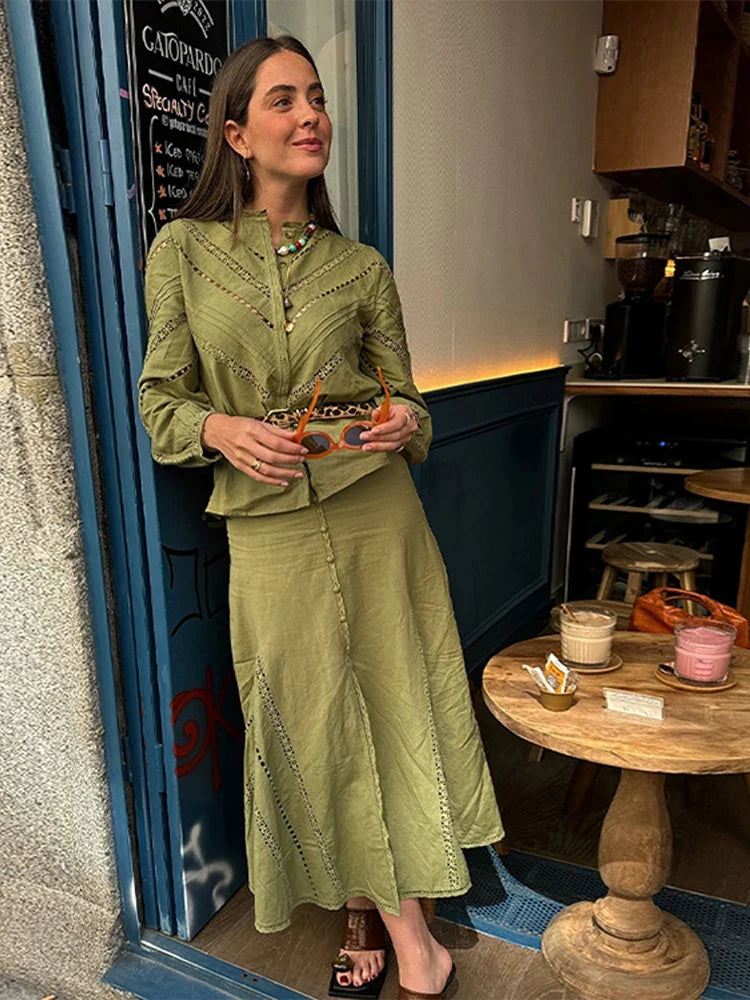 nvxiot - Hollow Out Loose Women Shirts Ruffles Front Split Skirt Casual Long Sleeve Cardigan Blouses Elegant Female Streetwear Skirt