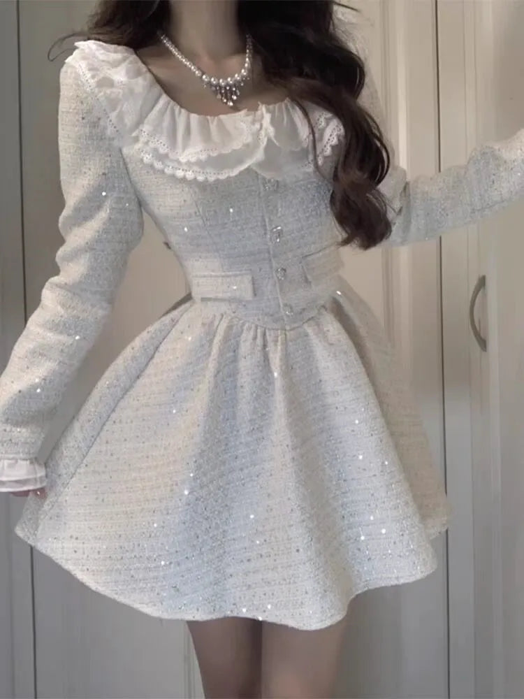 jinran Autumn Elegant Princess Dresses for Women New Fashion Long Sleeve Square Collar A-line Korean Birthday Party Dress Mini Vestidos