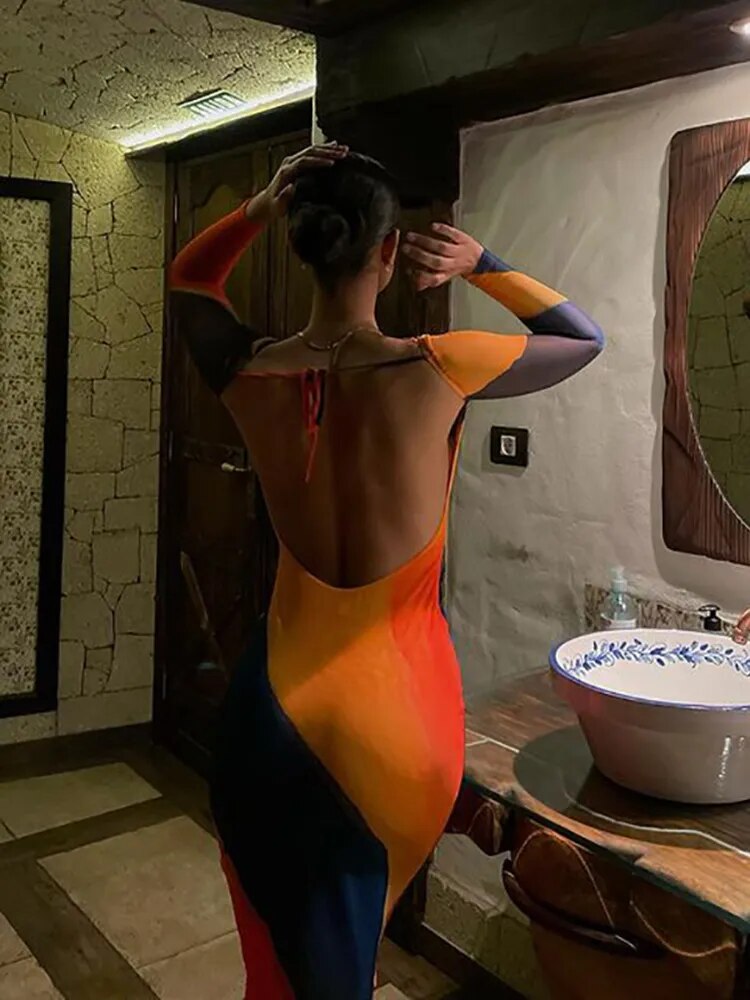 jinran - Sexy Backless Maxi Dress Fashion Print Long Sleeve Bodycon Party Dress Beach Outfits New Summer Evening Club Dress