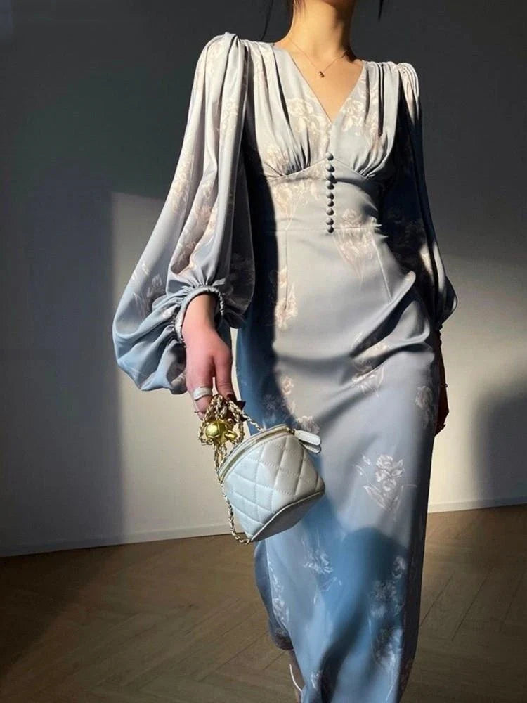 jinran Elegant Bodycon Printing Mermaid Dresses for Women Summer New Slim V-neck Long Sleeve Runway Party Robe 2024 Female Vestidos