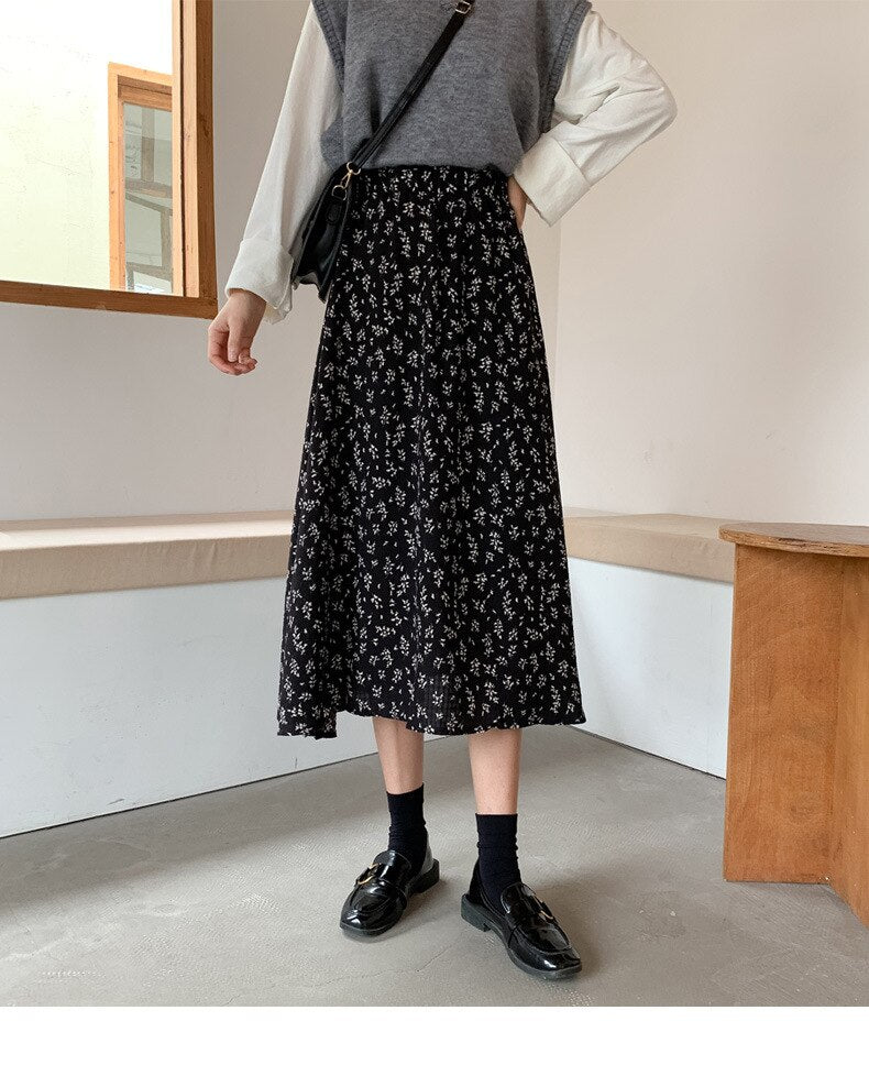 jinran Summer New Floral Print A Line Pleated Women Long Skirts 2022 Korean Fashion Elastic Waist Sweet Retro Midi Skirt Streetwear