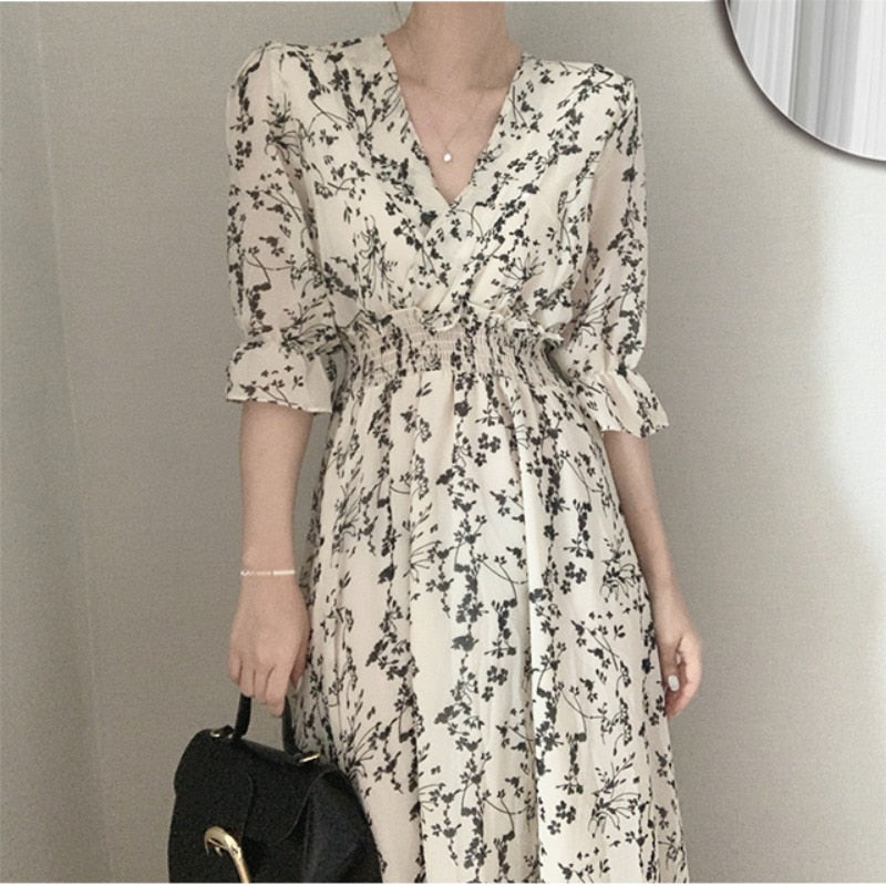 jinran Vintage Korea Fashion Clothing Summer Slim Elastic Waist A Line V Neck Elegant Office Lady Floral Chic Chiffon Long Dress Retro