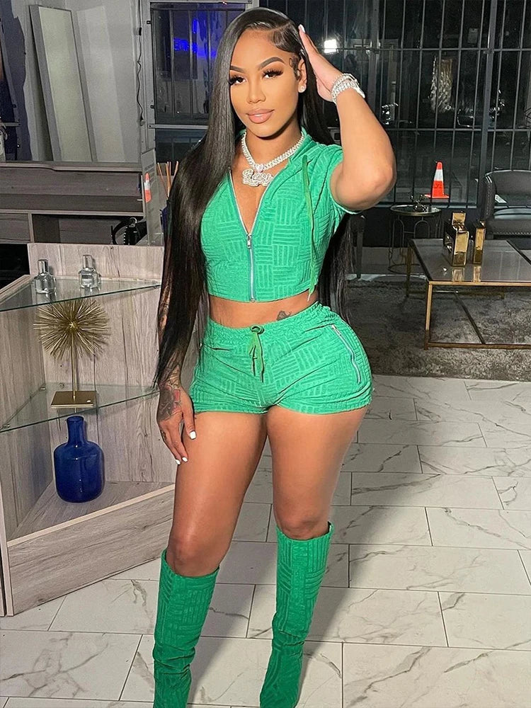 jinran Hooded T-shirts 2 Piece Sets Women Summer New Short Sleeve Cotton Tops And High Waist Shorts Suit Zippers Fashion Casual Outfits