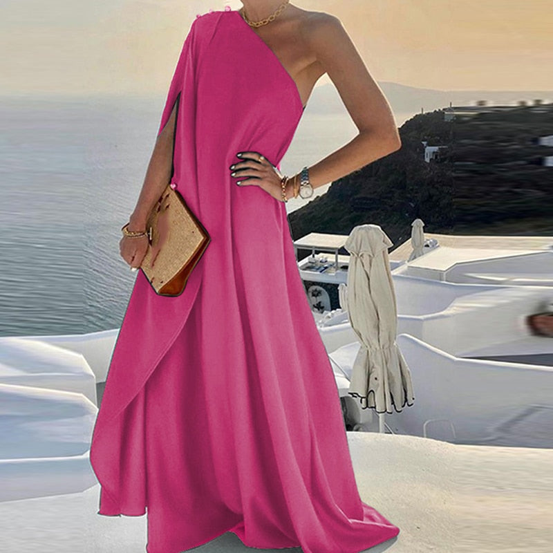 jinran Elegant Sleeveless Loose Irregular Chic Dress Women Slanted Shoulder Dress New Solid Loose Off Shoulder Sundress Cover UP