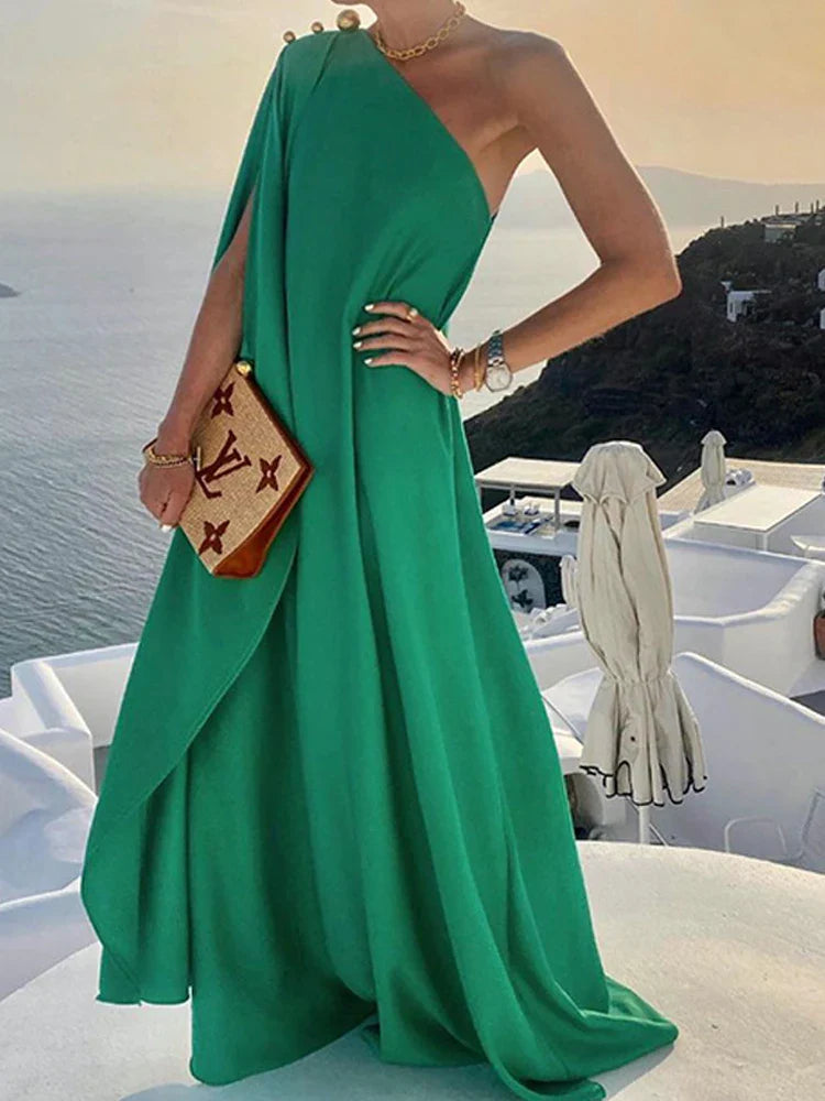 jinran Women Sexy Off Shoulder Boho Long Dress Elegant One Shoulder Loose Party Dress 2024 Summer Fashion Button Solid Beach Maxi Dress