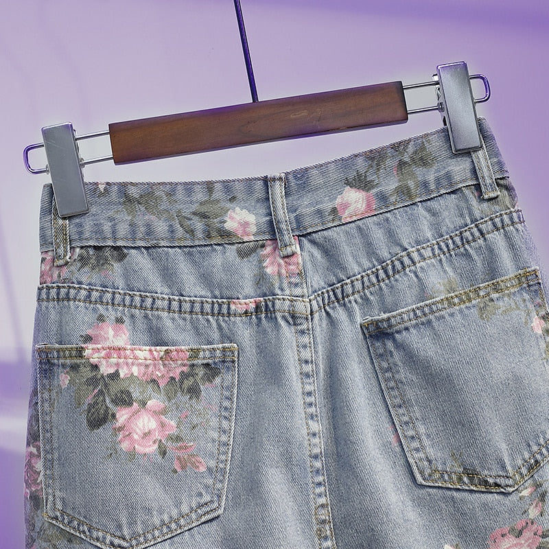 jinran Spring And Summer Trendy Flower Split Denim Skirt Women's 5XL Slightly Fat MM Thin Bag Hip Mid-length A-line Skirt