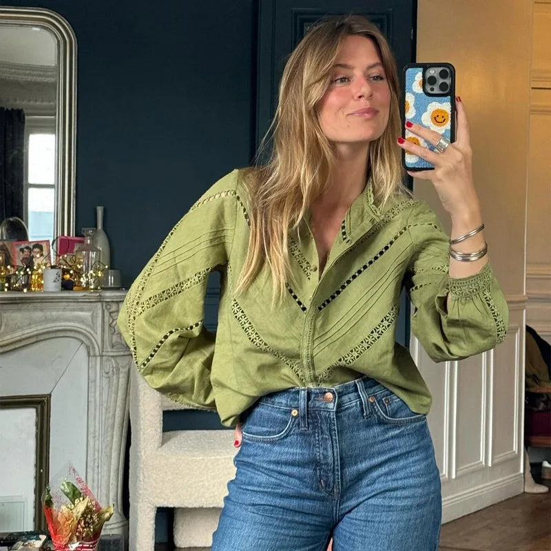 nvxiot - Hollow Out Loose Women Shirts Ruffles Front Split Skirt Casual Long Sleeve Cardigan Blouses Elegant Female Streetwear Skirt