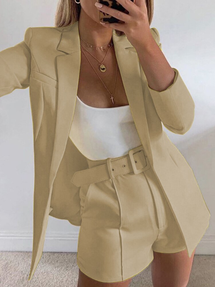 jinran New Spring and Summer Suit Jacket Shorts Sexy Temperament Women's Fashion Casual Lapel Cardigan Fashion Belt Women's Wear Set