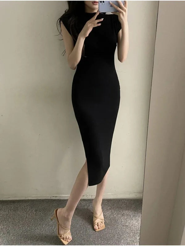 jinran Summer New Short Sleeve Women Folds Casual Charm Slim Fit High Waist Split Long Christmas Dress Sexy Wrap Hip Gentle Solid W9YK