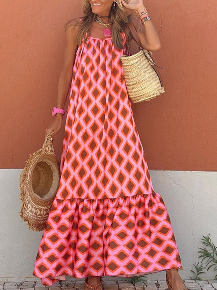 jinran Women's Fashion Retro Loose Print Sling Dress Summer Bohemia Style Beach Seaside Maxi Dress Elegant Chic New Pattern Long Dress