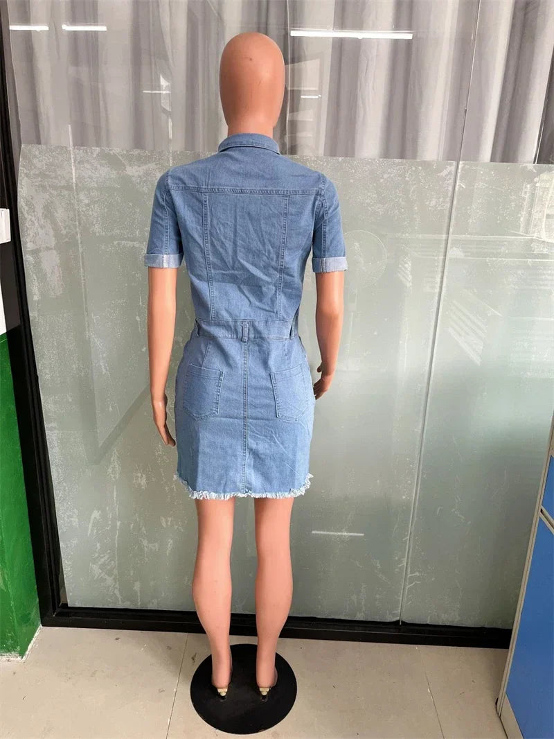jinran Streetwear Jean Jacket Dress Women Summer Y2K Clothing Short Sleeve Button Up Mini Dress Vintage Cowboy Denim Dress Vestidos