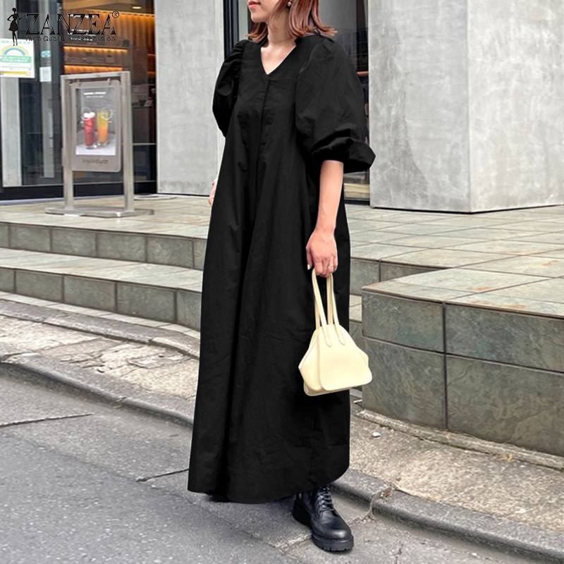 jinran Women Casual V Neck Solid A-Line Vestido 2022 Fashion Long Puff Sleeve Sundress Holiday Dress Retro Kaftan Dress Oversize