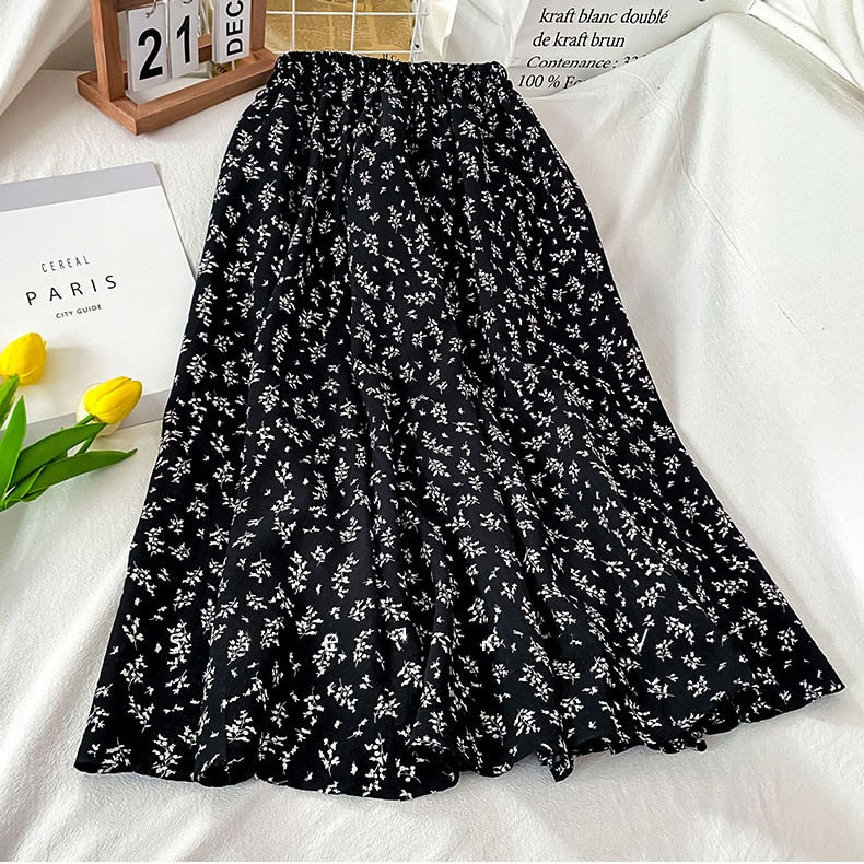 jinran - Vintage Floral Skirt Women High Waist A-line Mid-Calf Casual Skirt Korean Fashion Loose 2024 Spring Summer Female Outfit