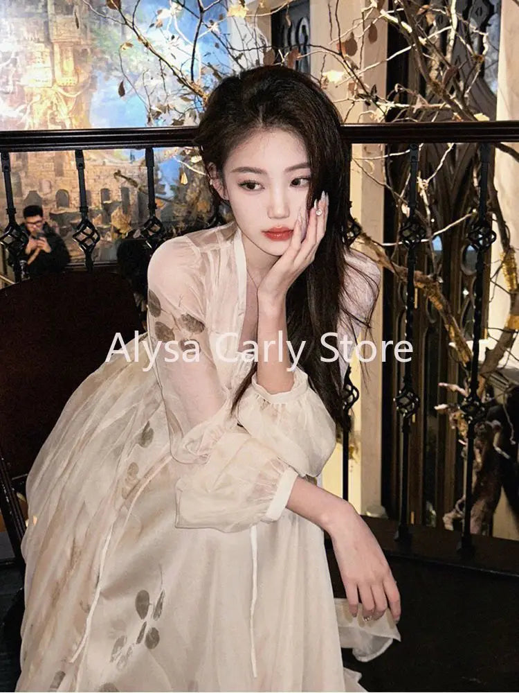 jinran Vintage Floral Dress Women Elegant Korean Style Patchwork Slip Dress Female Casual Party Long Fairy Dress Autumn 2024