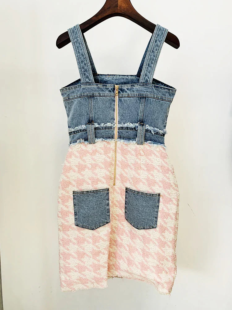 jinran HIGH STREET Newest 2024 Designer Fashion Women Spaghetti Strap Denim Tweed Houndstooth Pachwork Fringed Dress