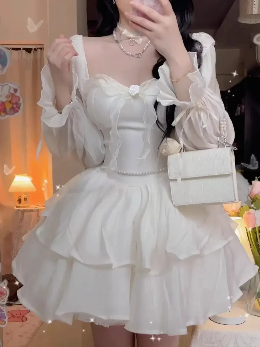 jinran Winter Solid Fairy Kawaii Long Sleeve Dress Women Korean Designer Lolita Mini Dress New Female Casual Fashion One Piece Dress