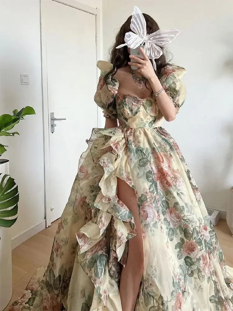 jinran Floral Print Evening Party Dress Women 2024 Puff Sleeve Elegant Princess Long Dres Ladies France Vintage Open Fork Dress Summer