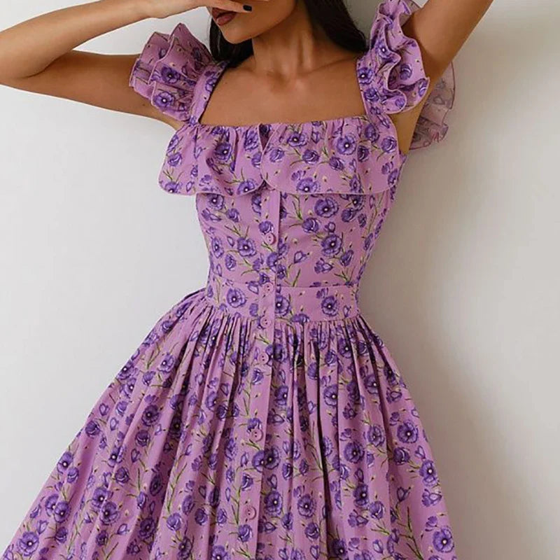 jinran Women Sexy Square Collar Hem Boho Long Dress Spring Print Button A-Line Party Dress Summer Puff Sleeve Ruffle Holiday Maxi Dress
