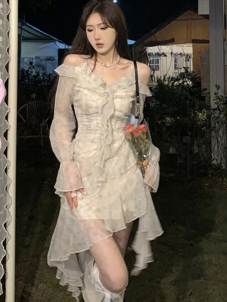 jinran Y2K Ruffles Irregular Short Dress Women Summer New Tie Dye Flare Sleeves Spring Elegant Party Dress Prom Robe Halter Vestidos