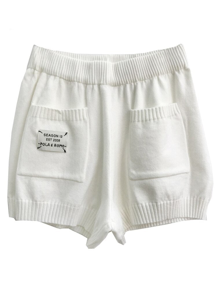 jinran Summer All-match Slim Letter Patch Knitted Shorts Female Casual Pockets White Women's Shorts Sexy Lady Elastic Waist