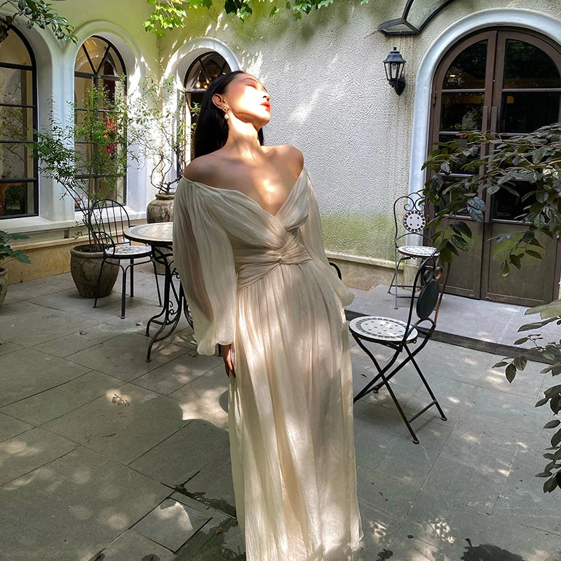 jinran Vintage Korean V-neck Pleated Maxi Dresses for Women Ladies Party Fringed Lace Puff Sleeve Ruffled Lady Dreses Elegant Summer