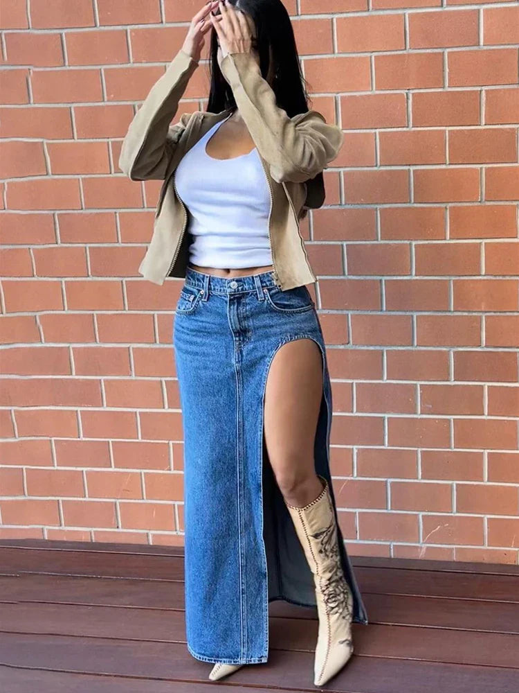 jinran 2024 Summer Split Out Denim Skirt Jeans Women Casual Long Skirt Low Waisted Jean Streetwear New Midi Pencil Skirt Y2k New