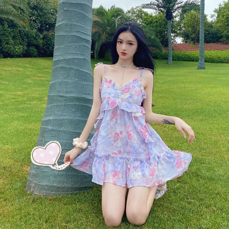 jinran Spaghetti Strap Dress Women Ruffles Sexy Japanese Sweet Princess Dress Female Beach Holiday Floral Mini Boho Dress 2024 Summer