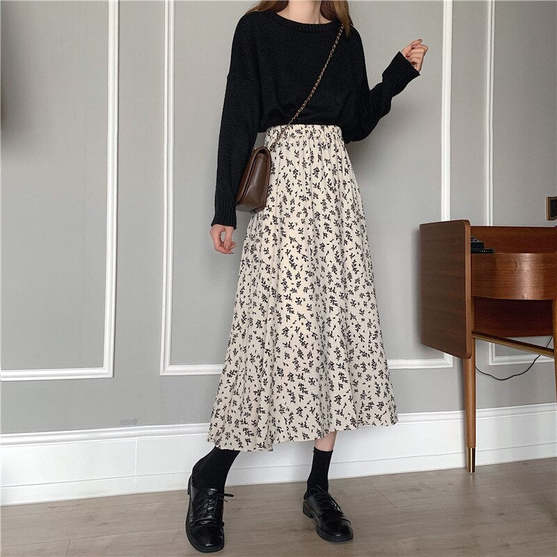 jinran Summer New Floral Print A Line Pleated Women Long Skirts 2022 Korean Fashion Elastic Waist Sweet Retro Midi Skirt Streetwear